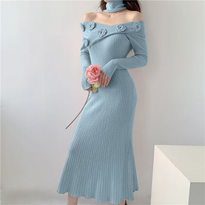 Long-Sleeve Off-Shoulder Plain Flower Detail Ribbed Knit Maxi Sheath Dress