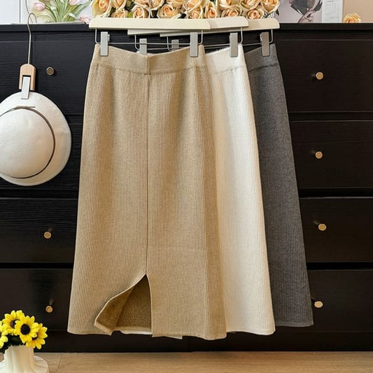 Cozy Knit Skirt with Side Slit - Five Color Options