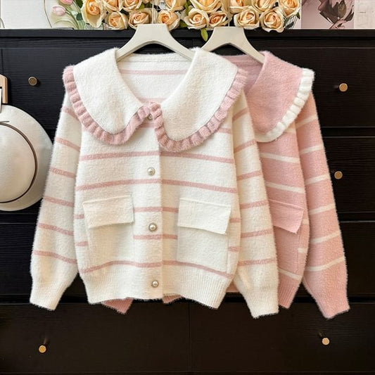 Peter Pan Collar Striped Cardigan with Pocket