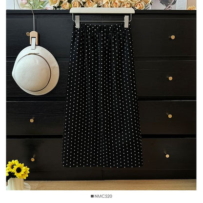 Polka Dot Midi Skirt with Back Slit - Retro Style