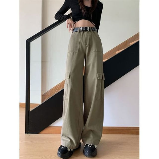 High Waist Plain Fleece-Lined Wide Leg Cargo Pants