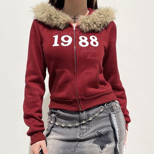 Furry Trim Numbering Zip-Up Jacket