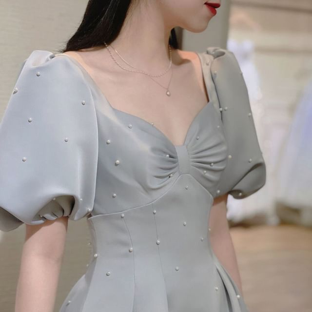 Puff-Sleeve Plain Faux Pearl A-Line Evening Gown