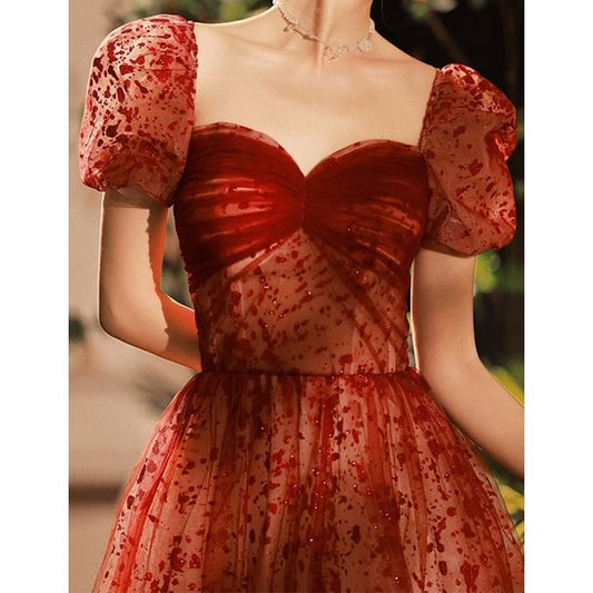 A-Line Gown Evening Puff-Sleeve Sequin Patterned