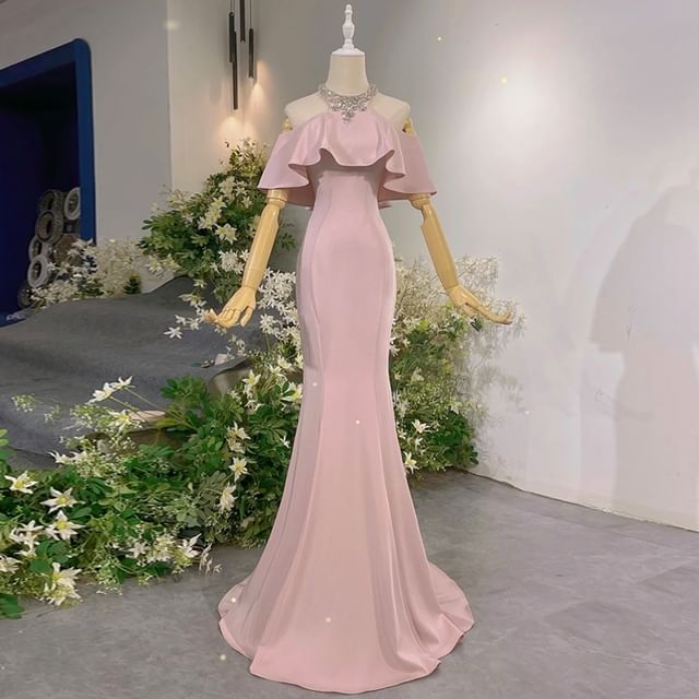 Off-Shoulder Plain Ruffle Mermaid Evening Gown