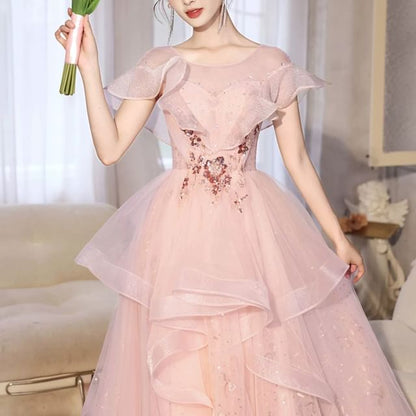 Sequin Gown Evening A-Line Floral Short-Sleeve Ruffle