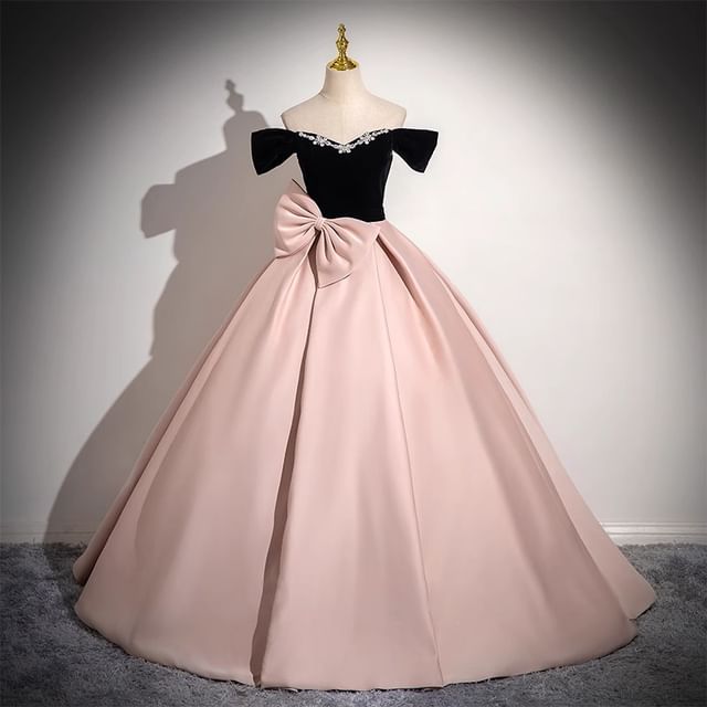 Off-Shoulder Two Tone Bow Rhinestone A-Line Ball Gown