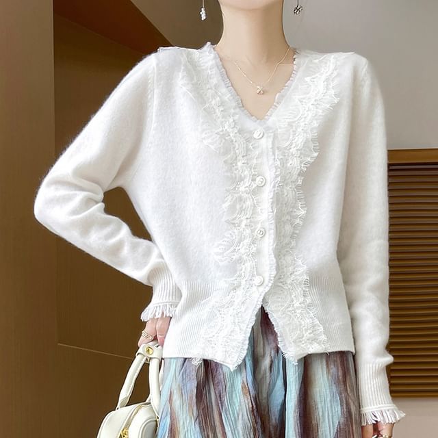 V-Neck Fringed Lace Trim Button Cardigan