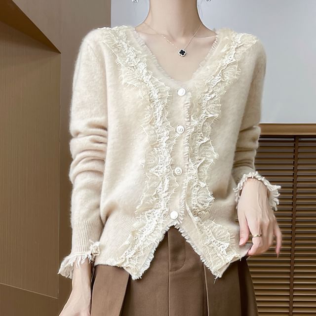 V-Neck Fringed Lace Trim Button Cardigan