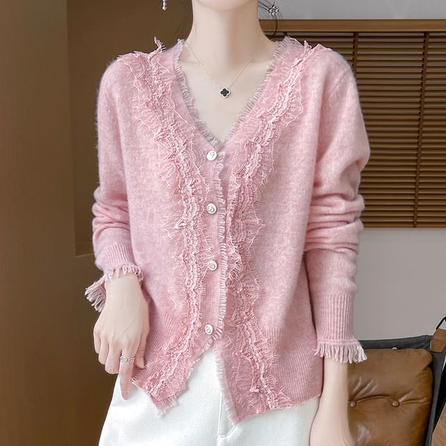V-Neck Fringed Lace Trim Button Cardigan