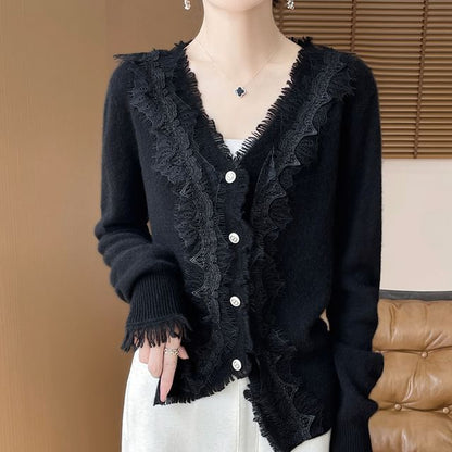 V-Neck Fringed Lace Trim Button Cardigan