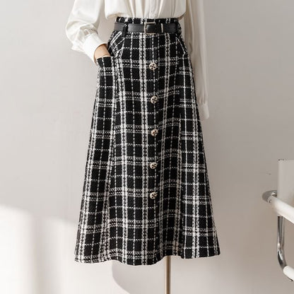 High-Rise Plaid Tweed Button Midi Flared Skirt