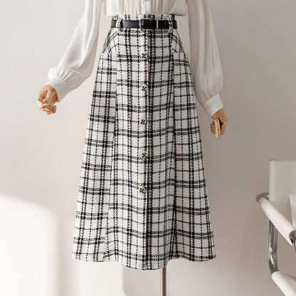 High-Rise Plaid Tweed Button Midi Flared Skirt