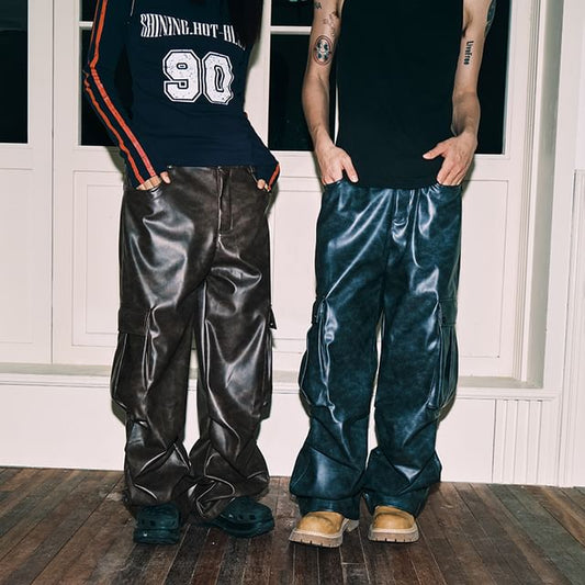 Mid Rise Faux Leather Baggy Cargo Pants