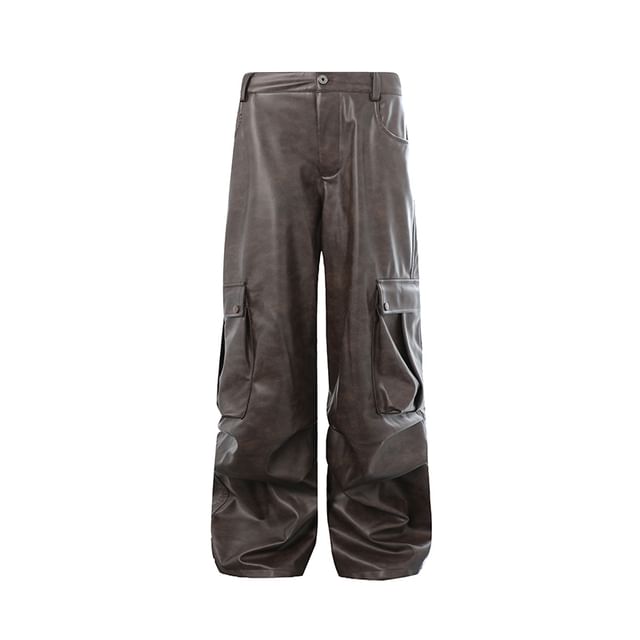 Mid Rise Faux Leather Baggy Cargo Pants