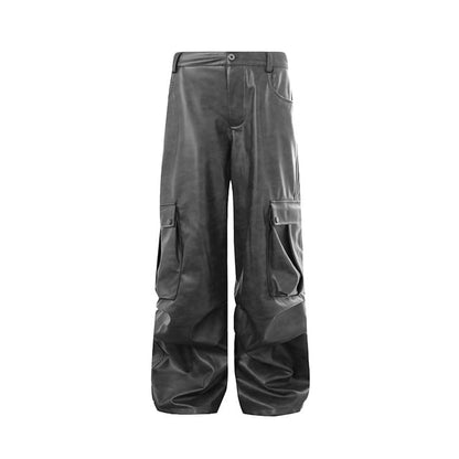 Mid Rise Faux Leather Baggy Cargo Pants