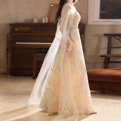 Spaghetti Strap V-Neck Floral A-Line Evening Gown / Sheer Panel Cape