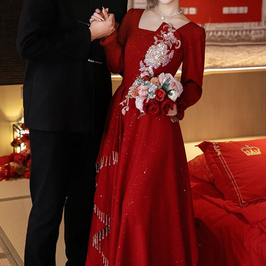 Neck Gown A-Line Embroidered Long Square Sleeve Evening Wedding