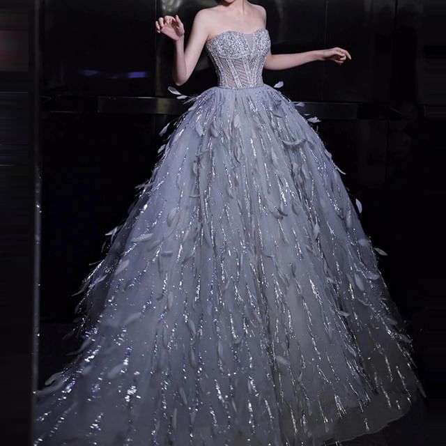 Strapless Sequin Feather A-Line Evening Gown