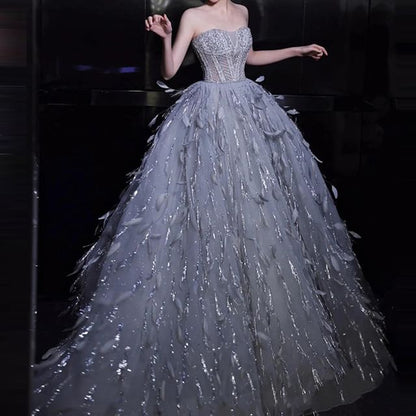Strapless Sequin Feather A-Line Evening Gown
