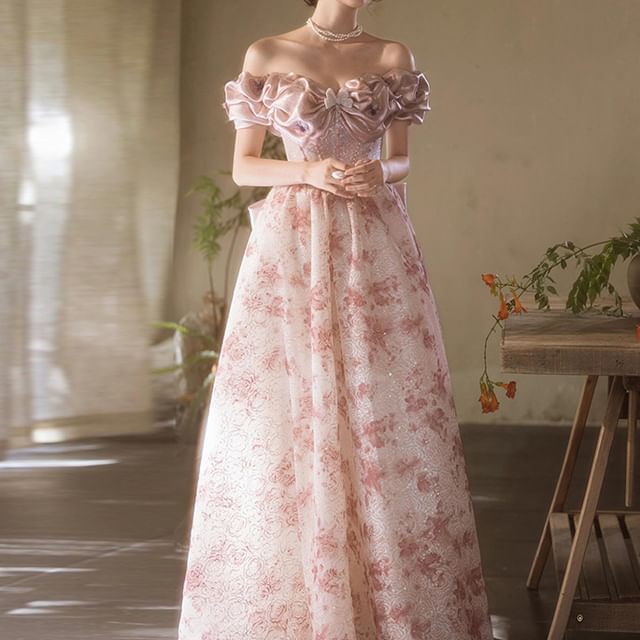 Evening A-Line Off Ruffle Trim Shoulder Print Gown Floral