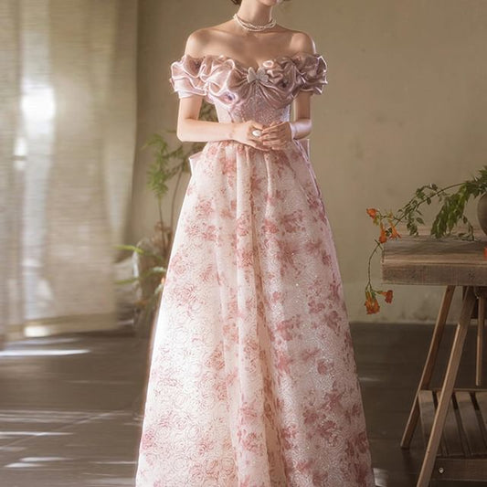 Evening A-Line Off Ruffle Trim Shoulder Print Gown Floral