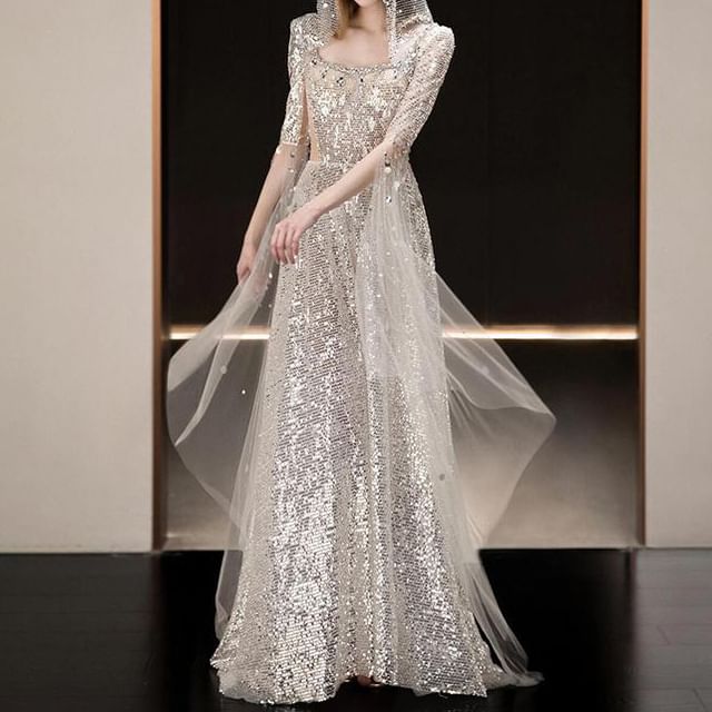 Evening Sheath Sequined Scoop Gown Neck