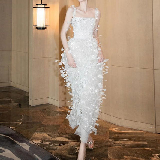 Strap Gown Sequin Spaghetti Feather Neck Sheath Evening Square