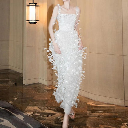 Spaghetti Strap Square Neck Sequin Feather Sheath Evening Gown