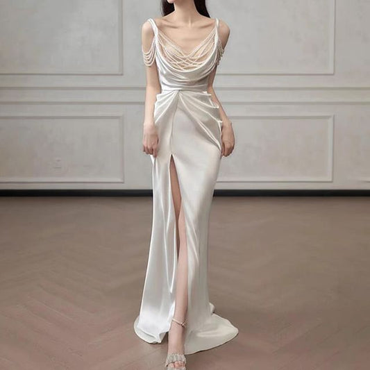 Neck Sheath Slit Scoop Evening Plain Gown Ruched Sleeveless