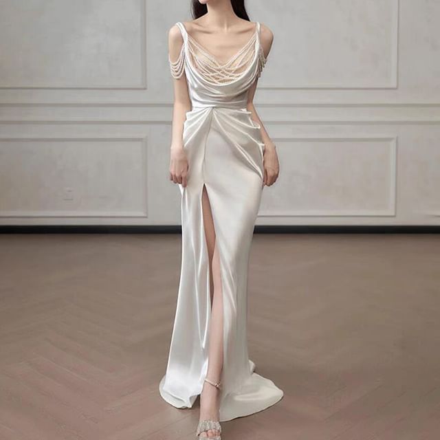 Sleeveless Scoop Neck Plain Ruched Slit Sheath Evening Gown