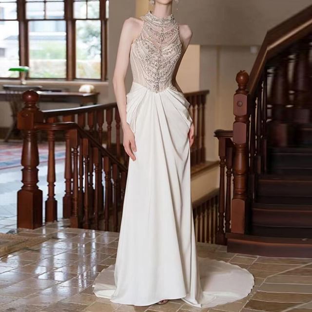Sleeveless Faux Pearl High Neck Sheath Evening Gown