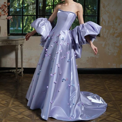 Set: Strapless Floral Applique A-Line Evening Gown + Arm Sleeves