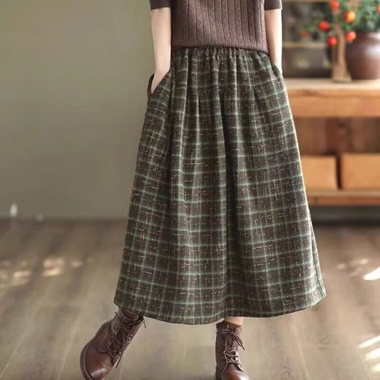 Adjustable Waist Plaid A-Line Midi Skirt - Elastic Band