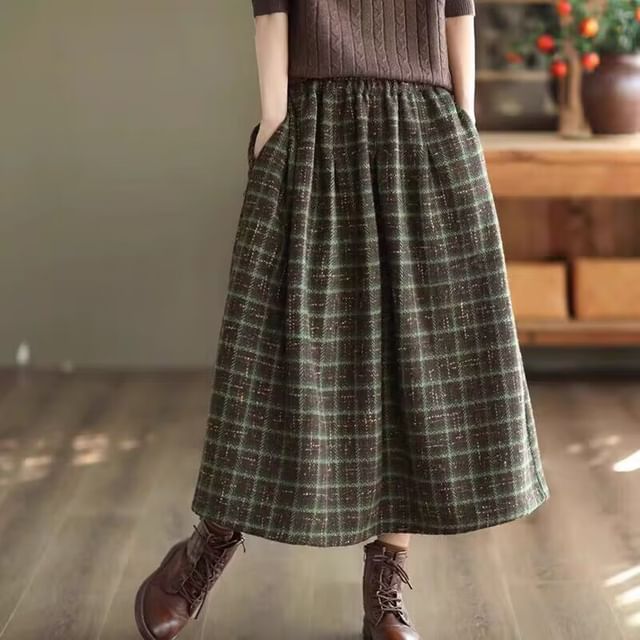 Adjustable Waist Plaid A-Line Midi Skirt - Elastic Band