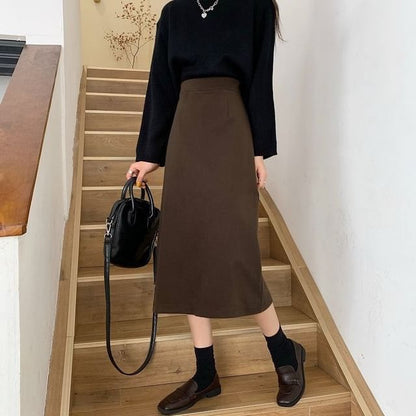 Rising Waist A-Line Midi Skirt - Plain Style