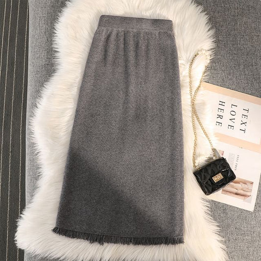 Straight Midi Skirt with Fringe Slit - High Waist Knit