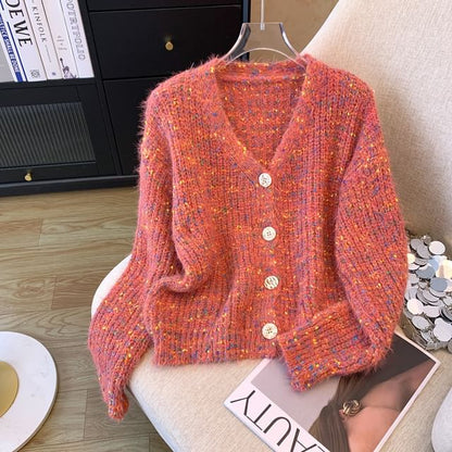 V-Neck Melange Crop Button Cardigan