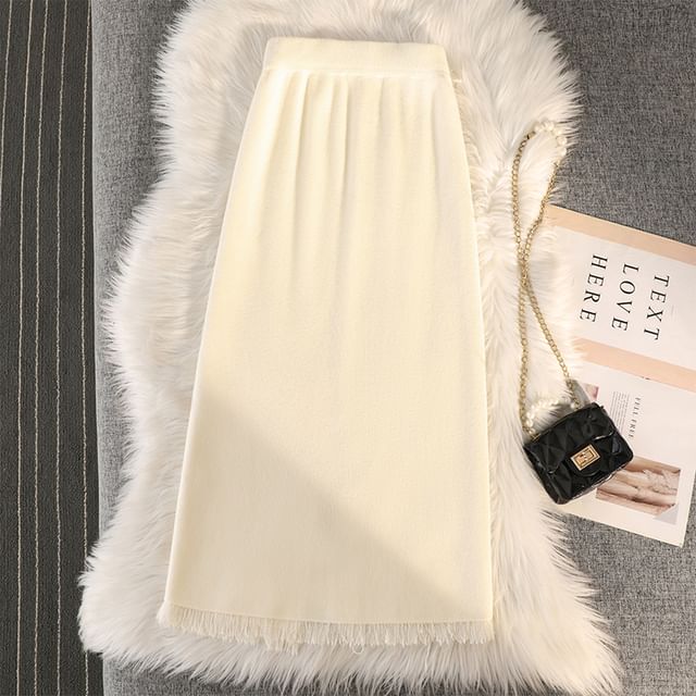 Straight Midi Skirt with Fringe Slit - High Waist Knit