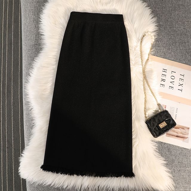 Straight Midi Skirt with Fringe Slit - High Waist Knit