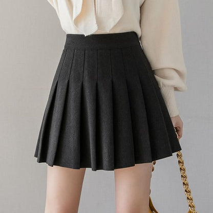 High-Waist Pleated Flared Mini Skirt - Solid Color