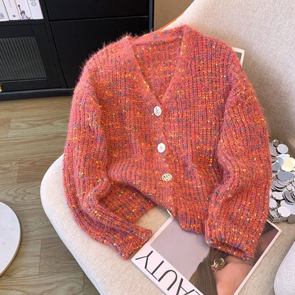 V-Neck Melange Crop Button Cardigan