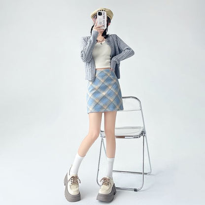 High Rise Checkered Flared Mini Skirt