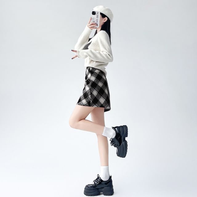 High Rise Checkered Flared Mini Skirt