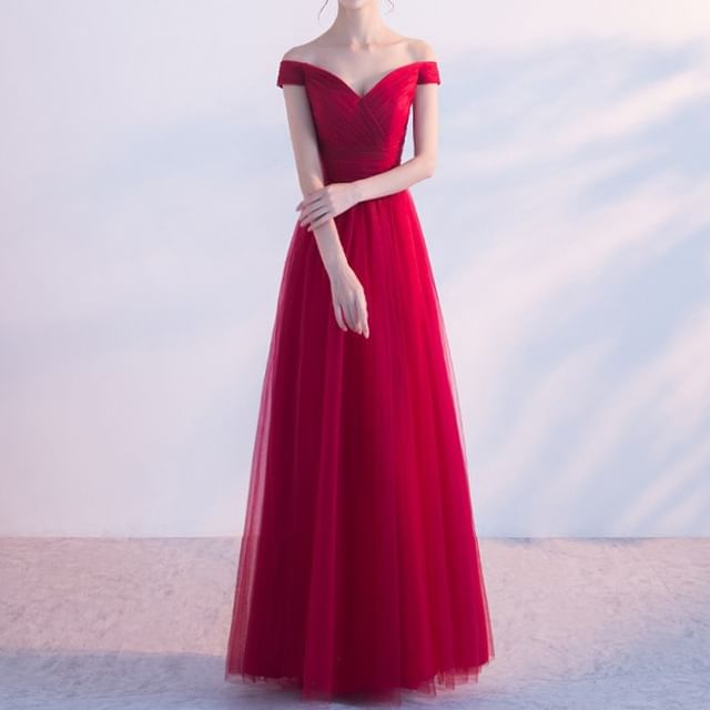 Gown Plain Panel A-Line Evening Off-Shoulder Mesh