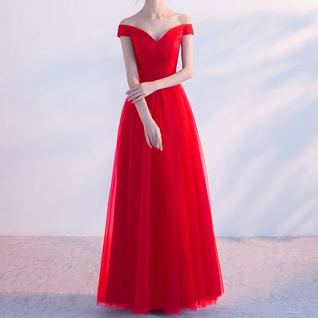 Off-Shoulder Plain Mesh Panel A-Line Evening Gown