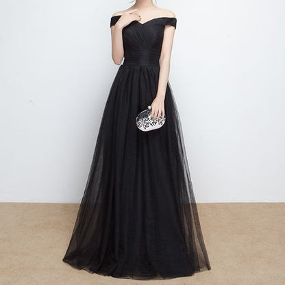 Off-Shoulder Plain Mesh Panel A-Line Evening Gown