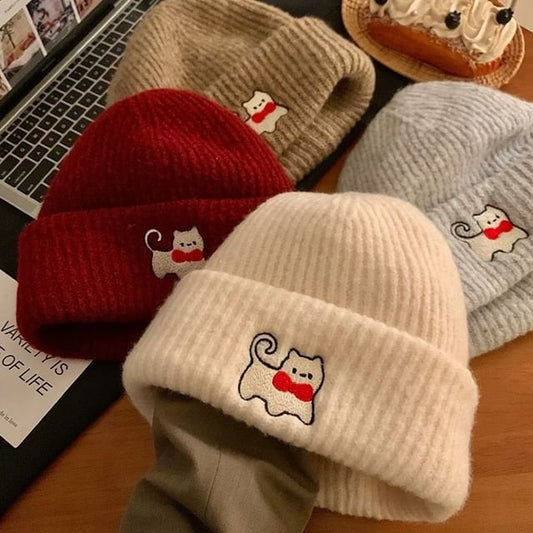 Cat Embroidered Knit Beanie
