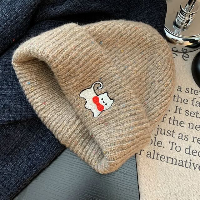 Cat Embroidered Knit Beanie