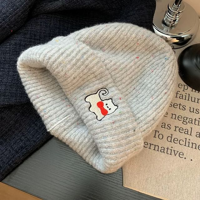 Cat Embroidered Knit Beanie